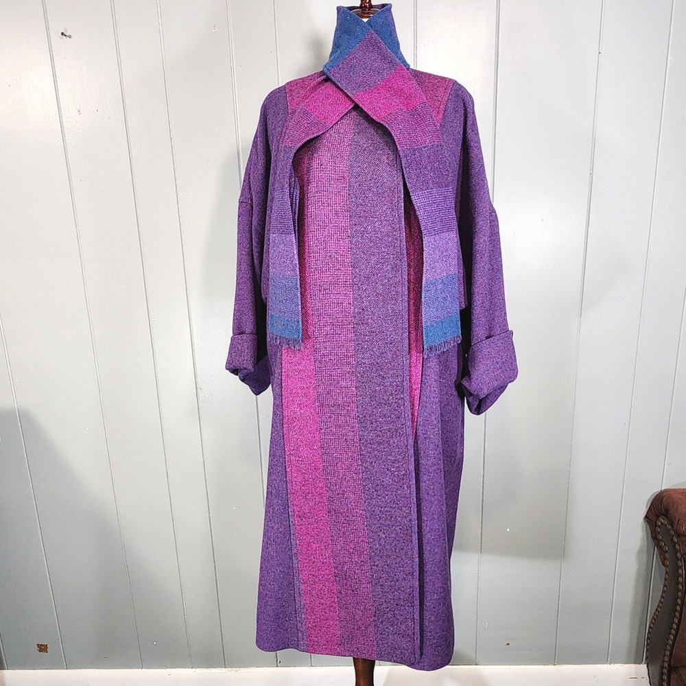 Avoca Collection Wool Coat Women Small Purple Pink Stripe‎ Long Made in Ireland